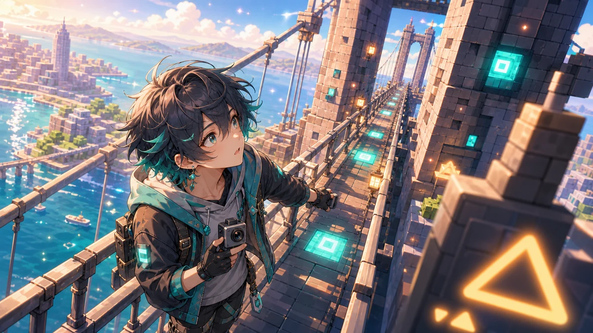 高い主塔と管理通路を見上げながら点検ノートを持つ中性的なオリジナルキャラクターのイメージ