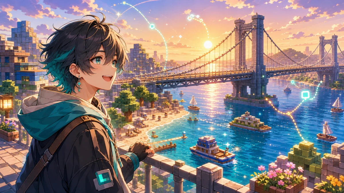 夕方の海辺の街と大きな吊り橋を眺める中性的なオリジナルキャラクターのイメージ