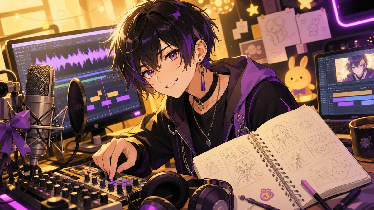 黄色い照明の配信スタジオで音声波形とイラストラフを並べる中性的な人物のイメージ