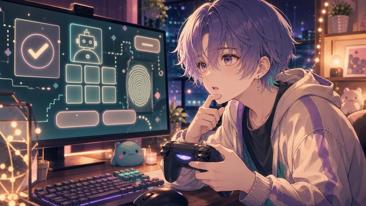 認証画面風の不思議なUIと配信画面を見比べる中性的なオリジナルキャラクターのイメージ