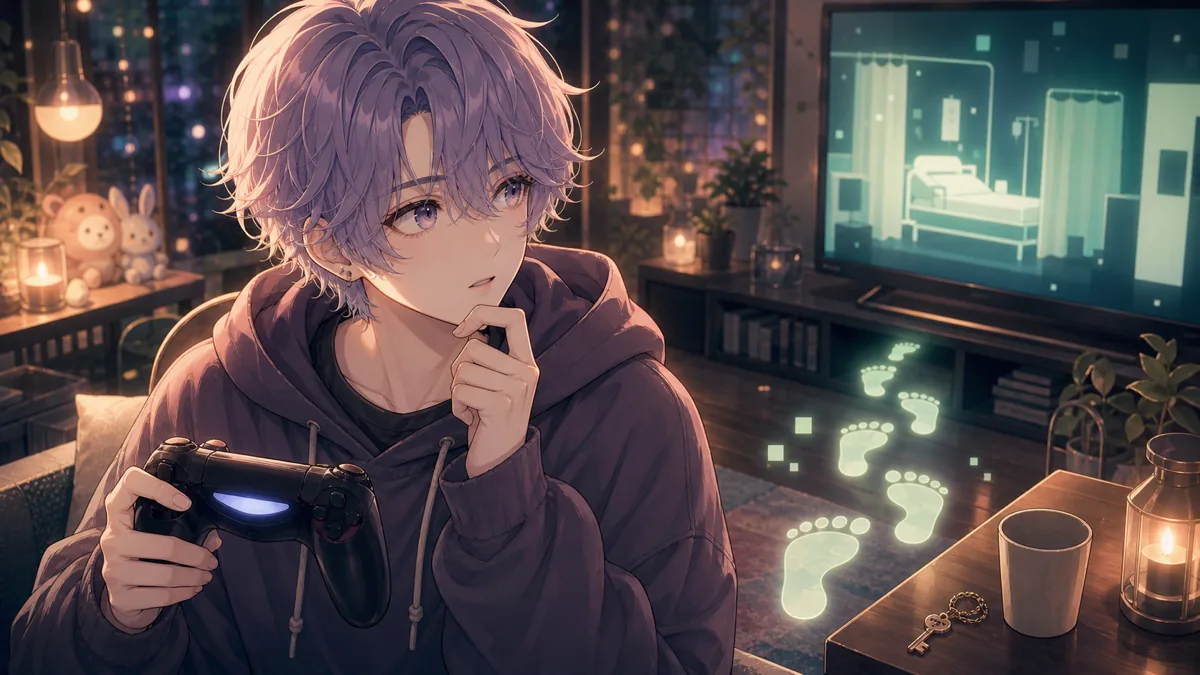 足跡と病室の光を手がかりに物語を考える中性的なオリジナルキャラクターのイメージ