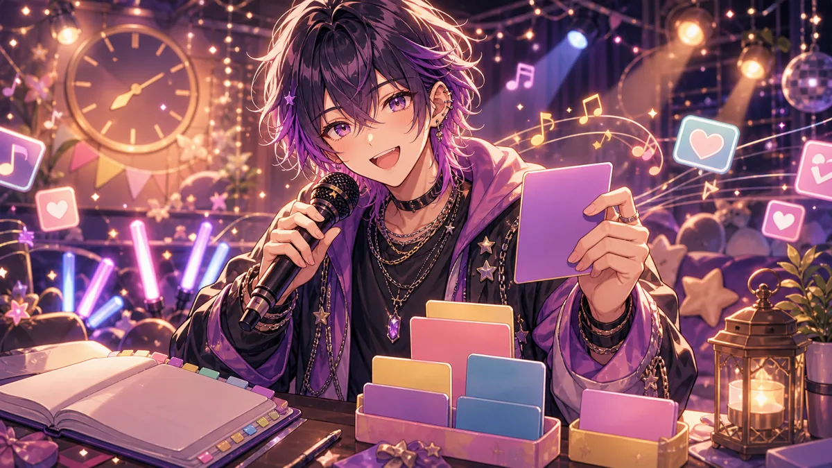 終盤のステージで残りリクエストと次回メモを見比べる中性的なオリジナルキャラクターのイメージ