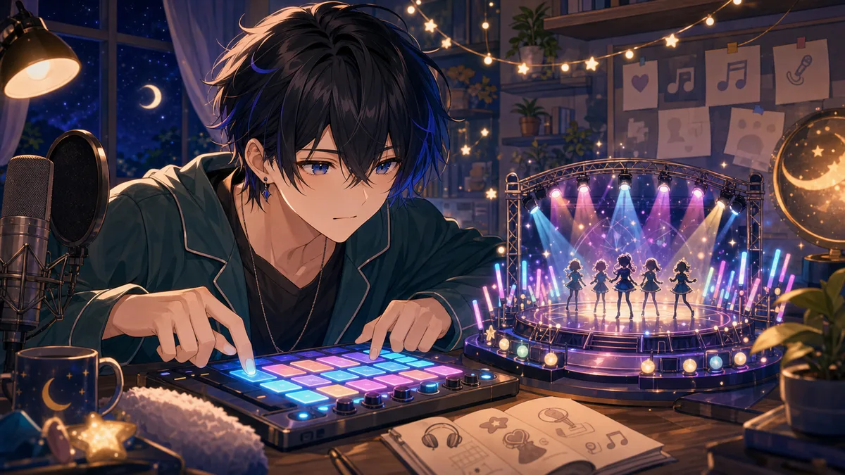 夜の配信部屋でリズムゲームの画面と小さなステージ模型を見比べるオリジナルキャラクターのイメージ