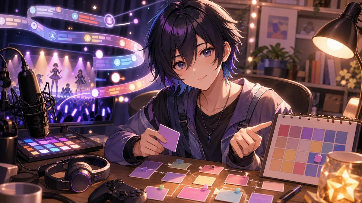 夜の配信机でアーカイブの流れと次の予定を整理する中性的なオリジナルキャラクターのイメージ