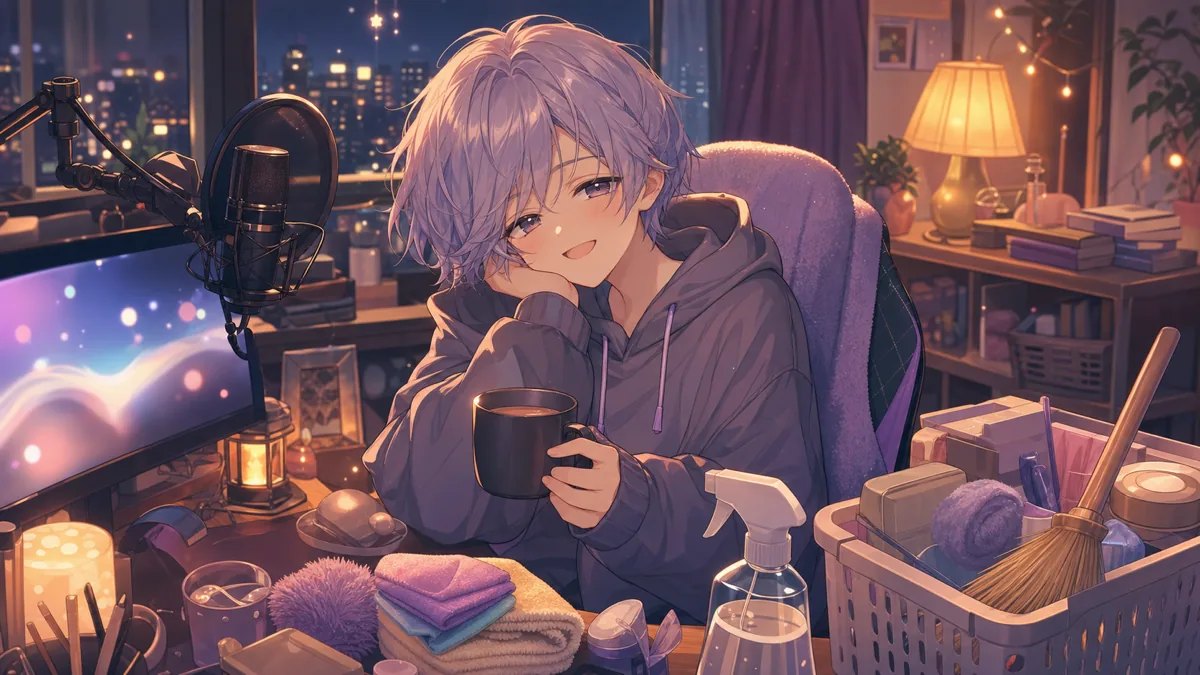 深夜の配信部屋で掃除道具を横に置きながら挨拶を受け取る中性的なオリジナルキャラクターのイメージ