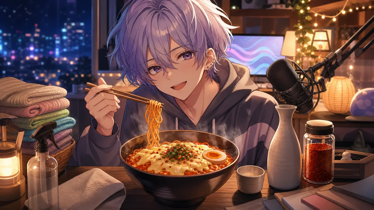 深夜の配信机で辛いチーズラーメンを前に笑う中性的なオリジナルキャラクターのイメージ