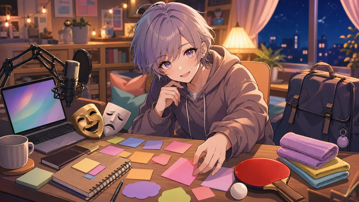 演劇部とパソコン部の小物を配信机で整理する中性的なオリジナルキャラクターのイメージ