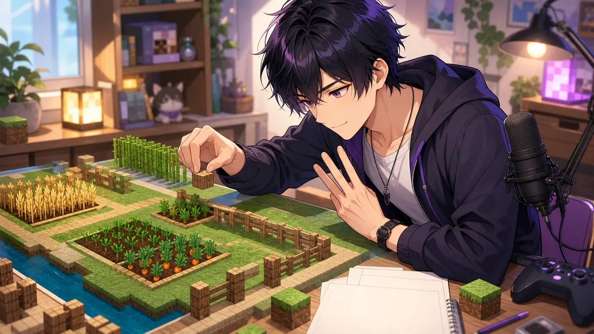 明るい配信部屋で畑の設計図とブロック模型を見比べる男性キャラクターのイメージ