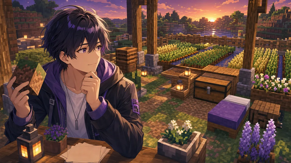 夕方の畑でチェストとベッドを確認しながら次の作業を考える男性キャラクターのイメージ