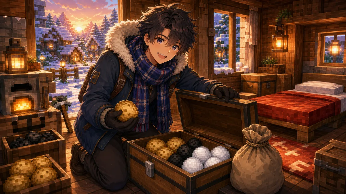 雪村で資材を整理しながら仮拠点を考える場面のイメージ