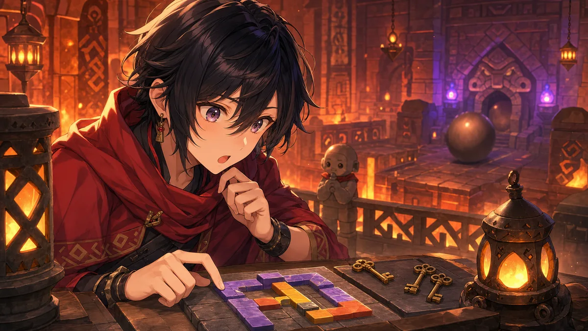 炎の神殿で小さな鍵と石の通路模型を確認する黒髪の中性的なオリジナルキャラクターのイメージ
