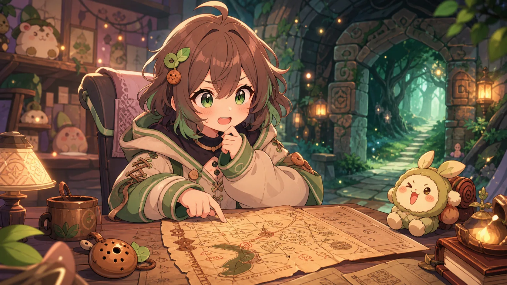 森の神殿へ向かう前に古い地図と小さな弓のおもちゃを見比べるオリジナルキャラクターのイメージ