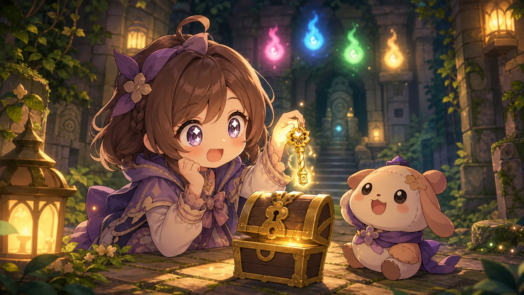 森の神殿の入口で小さな鍵とランタンの灯りを確認するオリジナルキャラクターのイメージ