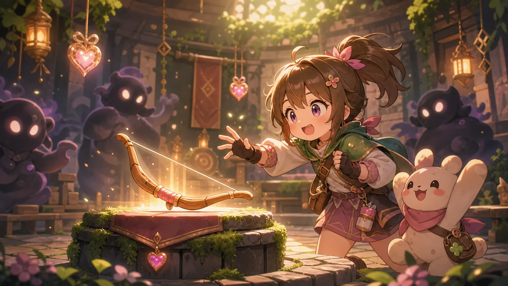 中ボス部屋の前で小さな弓と回復アイテムを抱えて驚くオリジナルキャラクターのイメージ