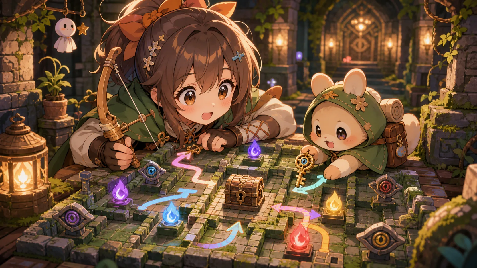 弓の矢と色の違う小さな灯りを並べて神殿マップを読み直すオリジナルキャラクターのイメージ