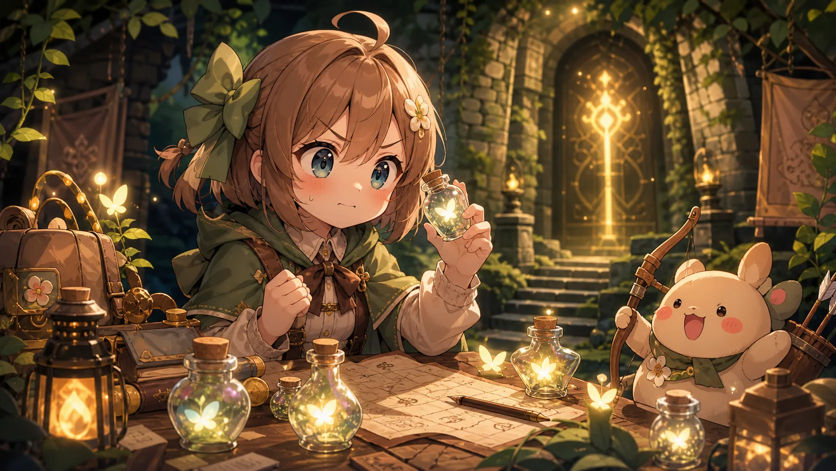 ボス部屋の前で妖精の瓶と小さな弓を準備するオリジナルキャラクターのイメージ