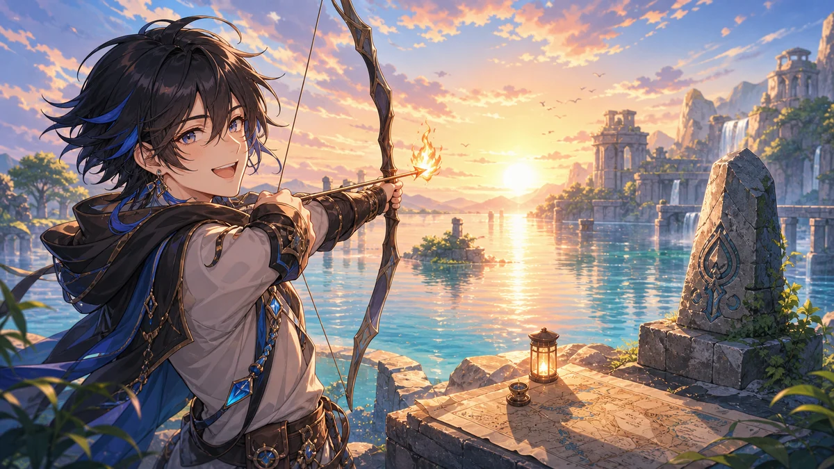 朝焼けの湖畔で弓と小さな炎の光を確認する中性的なオリジナルキャラクターのイメージ