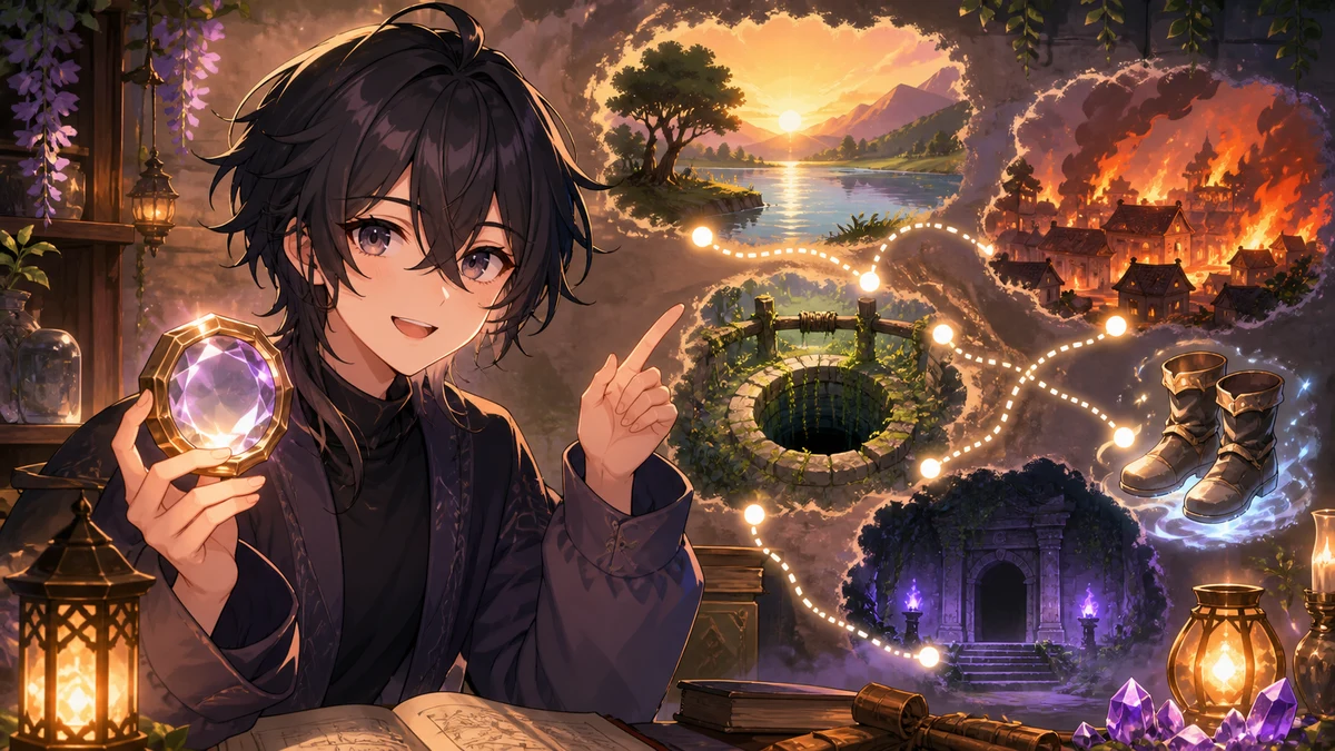 卓上の地図で湖と井戸と神殿への流れを整理する中性的なオリジナルキャラクターのイメージ