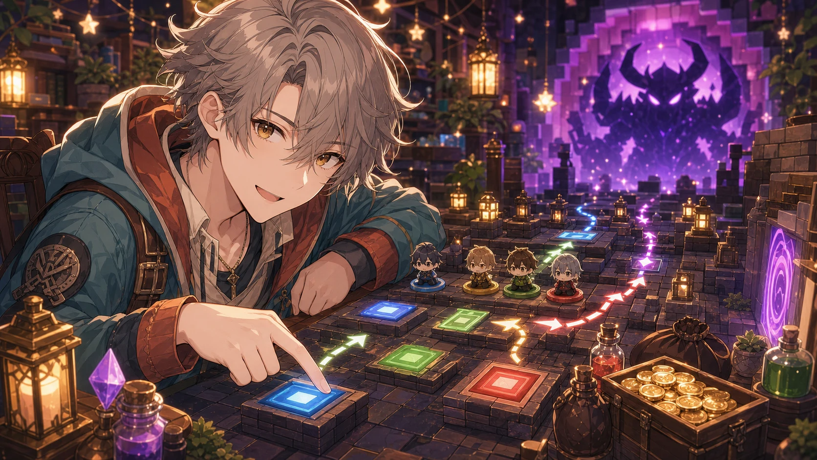 色ギミックとボス戦の流れを明るい配信机で整理するオリジナルキャラクターのイメージ