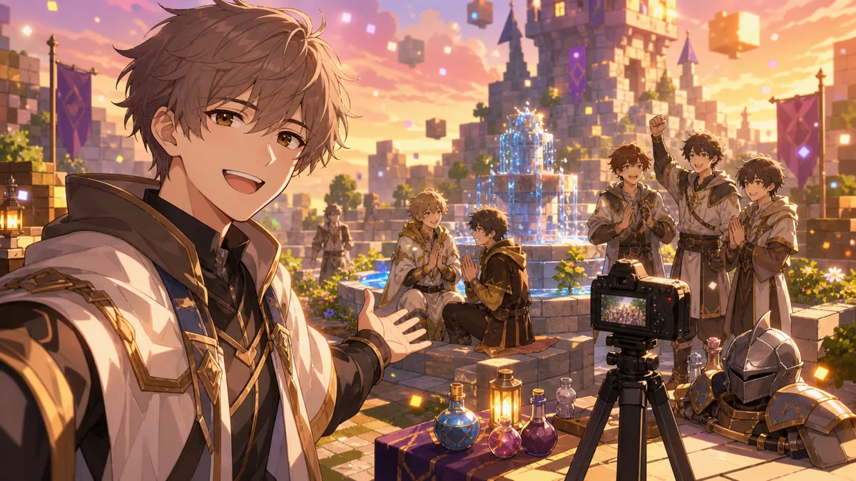 最終日のクリア後に噴水前で記念写真の準備をする男性オリジナルキャラクターのイメージ
