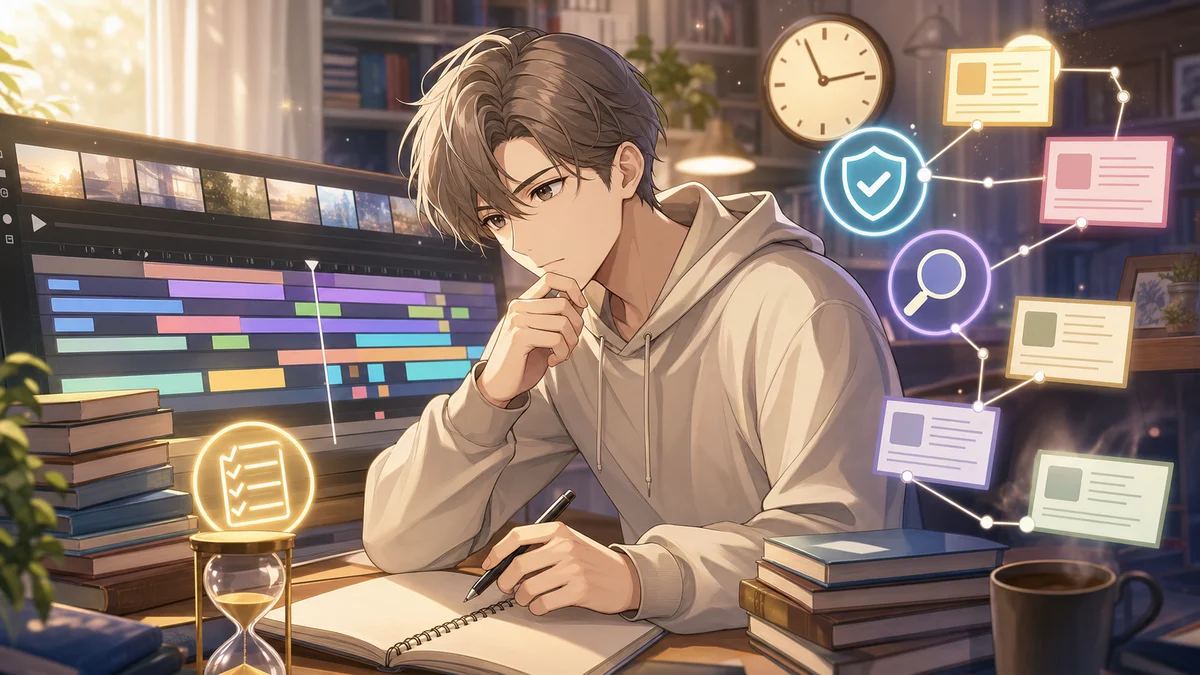動画アーカイブの時刻や公式リンクを机上で確認する男性オリジナルキャラクターのイメージ