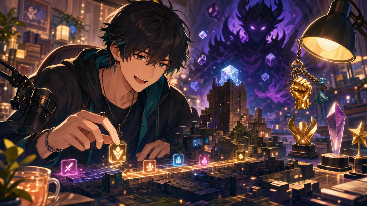 公式切り抜きのチャプターを配信机で整理するオリジナル男性キャラクターのイメージ