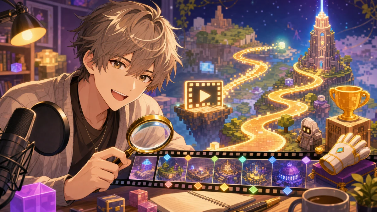 短い動画カードから長尺アーカイブへ続く光の道を配信机で確認するオリジナル男性キャラクターのイメージ