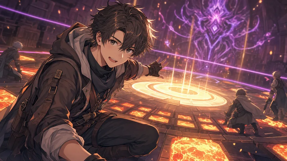 ネメシス戦前にしゃがみ動作と中央回復を確認するオリジナル男性キャラクターのイメージ