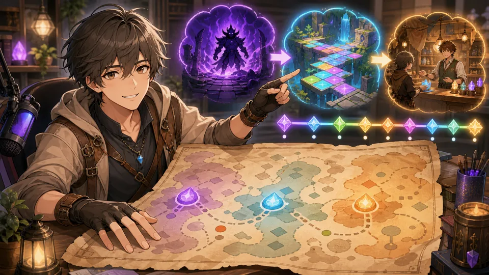 長時間アーカイブのチャプター地図を前に攻略の流れを整理するオリジナル男性キャラクターのイメージ
