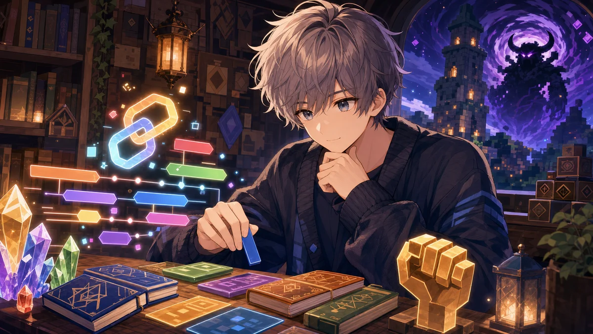 本棚のある机で色付きタイムラインと資料カードを整理する灰色髪の男性キャラクター