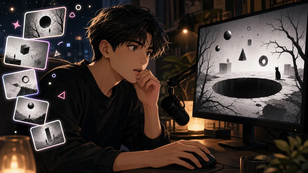 深夜の配信机で白黒パズル画面と小さな猫の影に驚くオリジナル男性キャラクターのイメージ