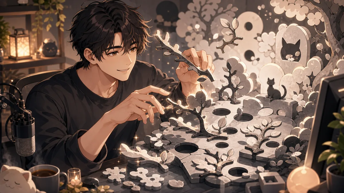 白黒の夢景色で枝や葉を合わせながら小さな猫に気づくオリジナル男性キャラクターのイメージ