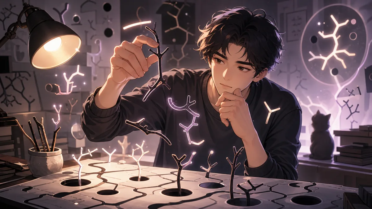 文字に見える枝や線を前に考え方を切り替えるオリジナル男性キャラクターのイメージ