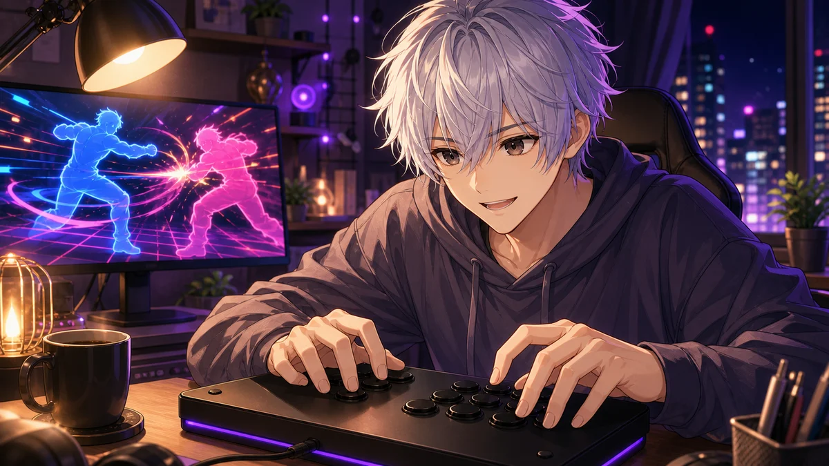 深夜の部屋で格闘ゲームの練習画面に向かうオリジナル男性キャラクターのイメージ
