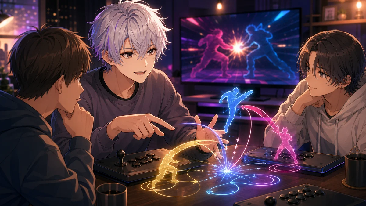 対戦後に操作メモとゲームパッドを囲んで作戦を考えるオリジナルキャラクターのイメージ