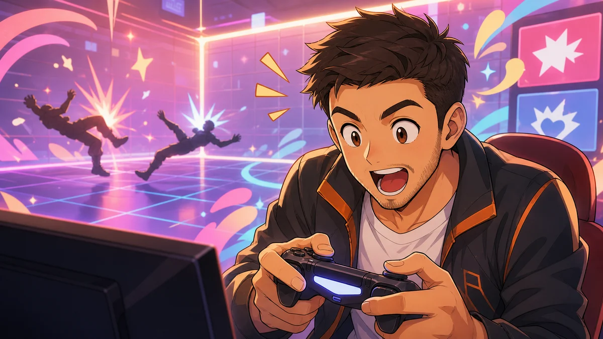 光る対戦ステージで同時に倒れた二人のシルエットと驚く男性キャラクターを描いたイメージ