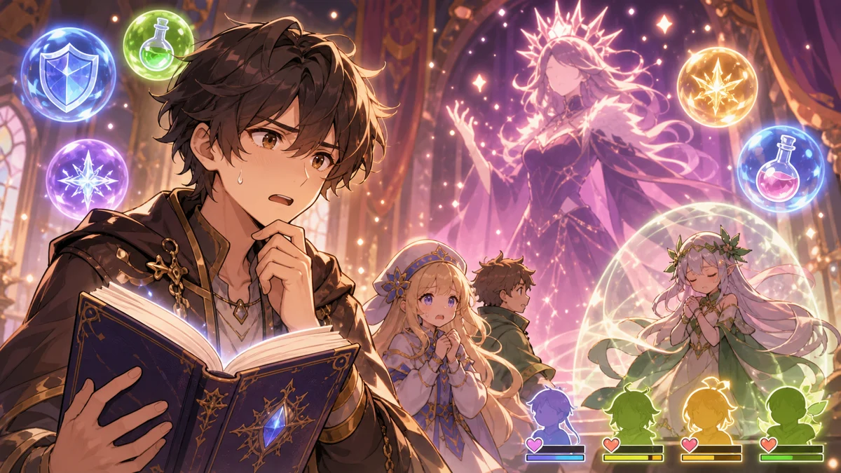 王宮の広間で魔法と剣を構えるパーティのイメージ