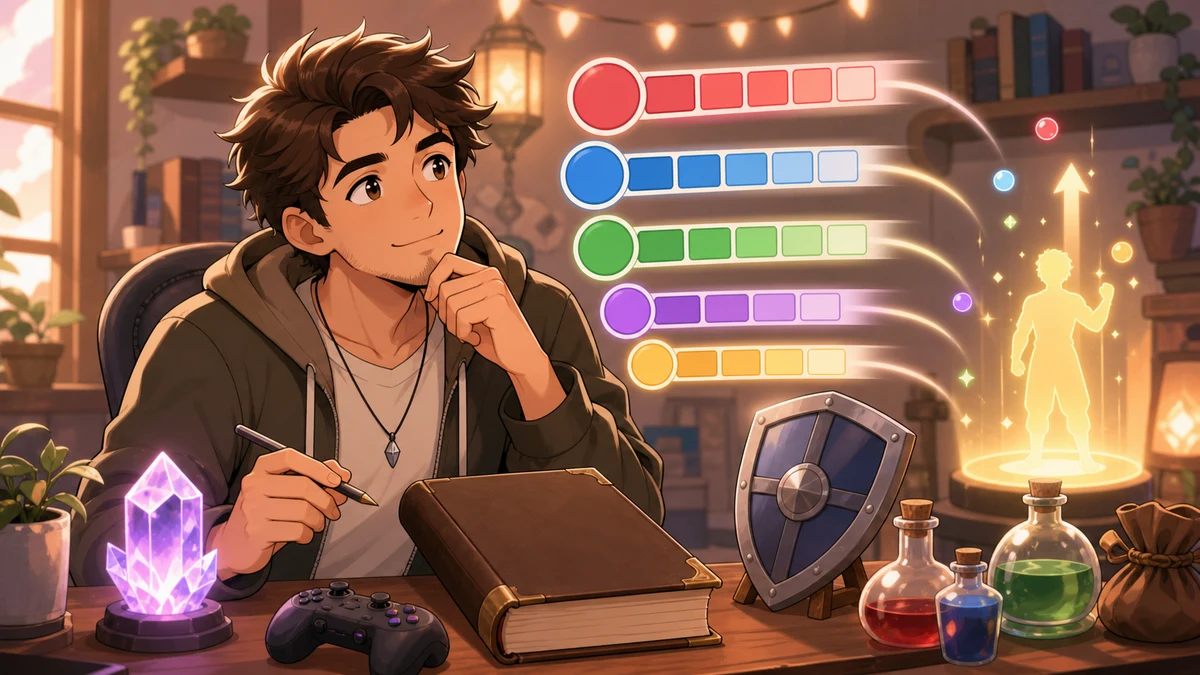 古いRPGのステータス画面と魔法の本を見比べる配信部屋のイメージ
