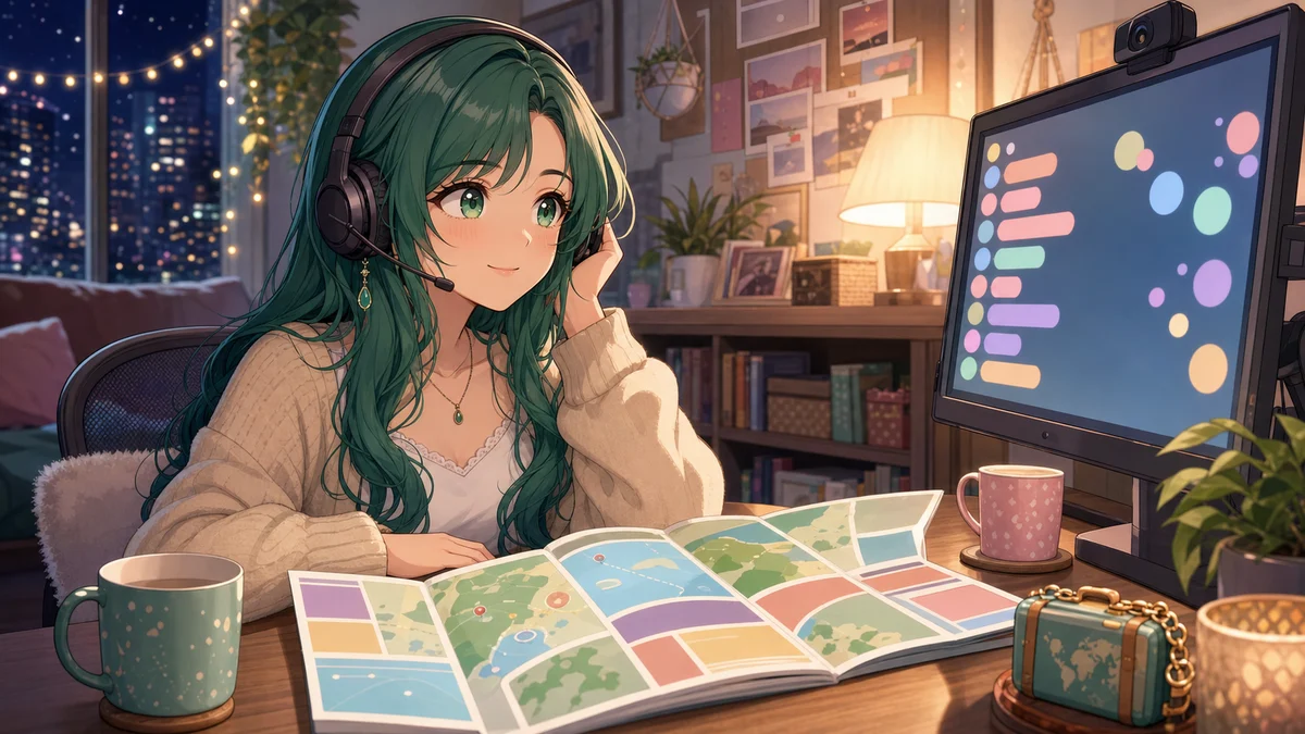 配信机の前で旅行パンフレットと湯気の立つマグカップを眺める女性キャラクターのイメージ