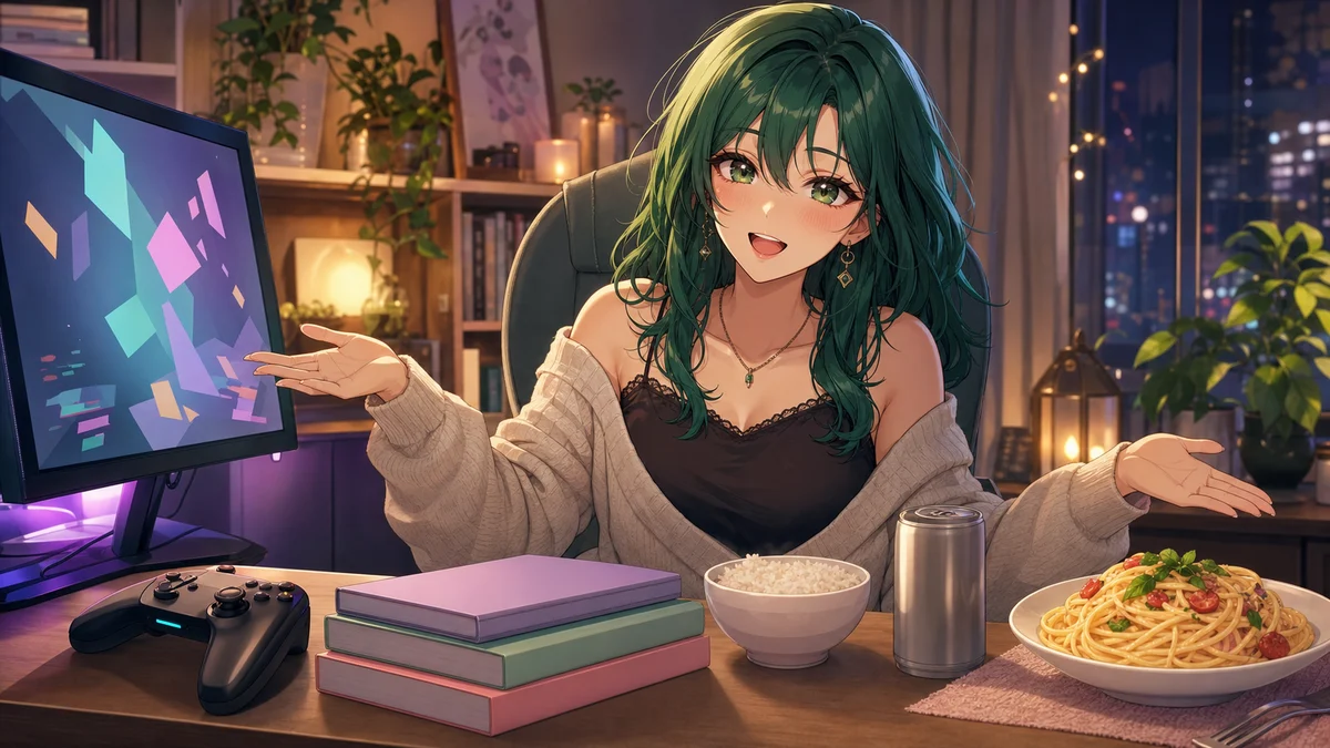 本棚とゲームコントローラーと湯気の立つ皿が並ぶ深夜雑談のイメージ