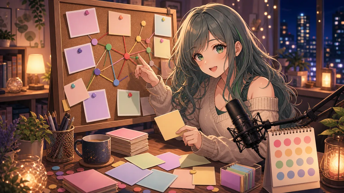 夜の配信部屋でメモと色付きピンのボードを整理する女性キャラクターのイメージ