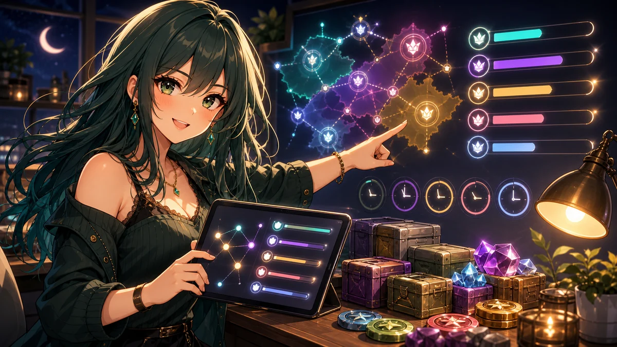 夜のランキング画面を前に緑髪の人物がポイント表と時計を見比べるイメージ