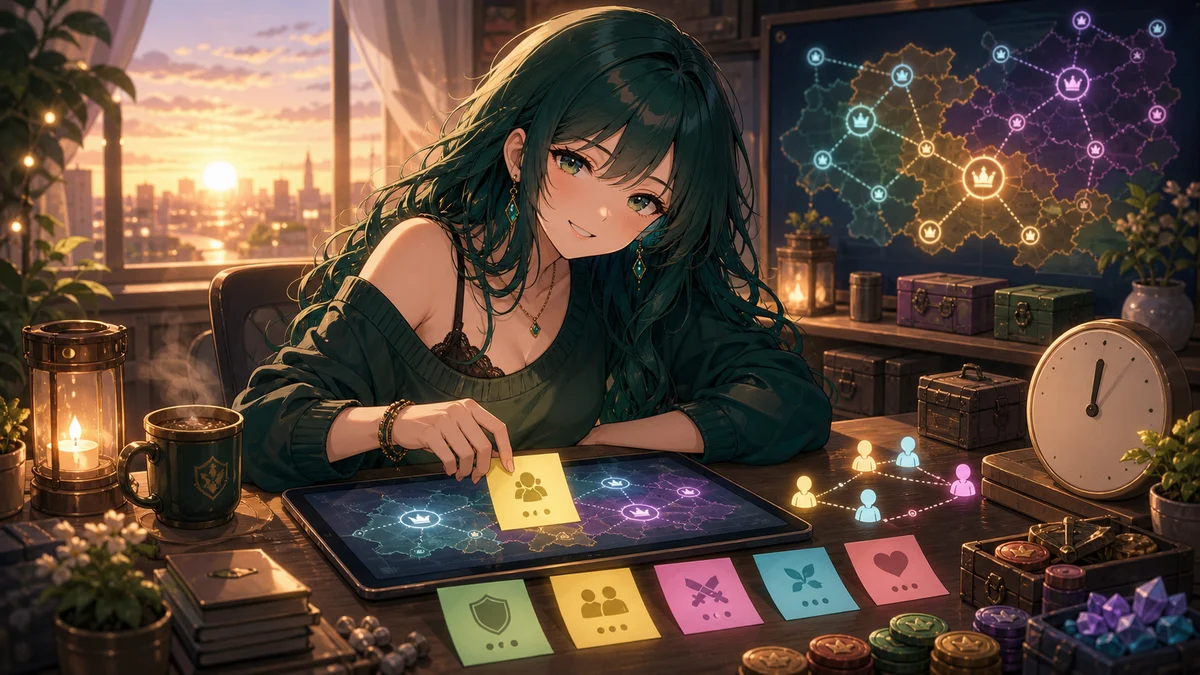明るい夜明け前のデスクで緑髪の人物が小さな作戦メモと端末を片づけるイメージ