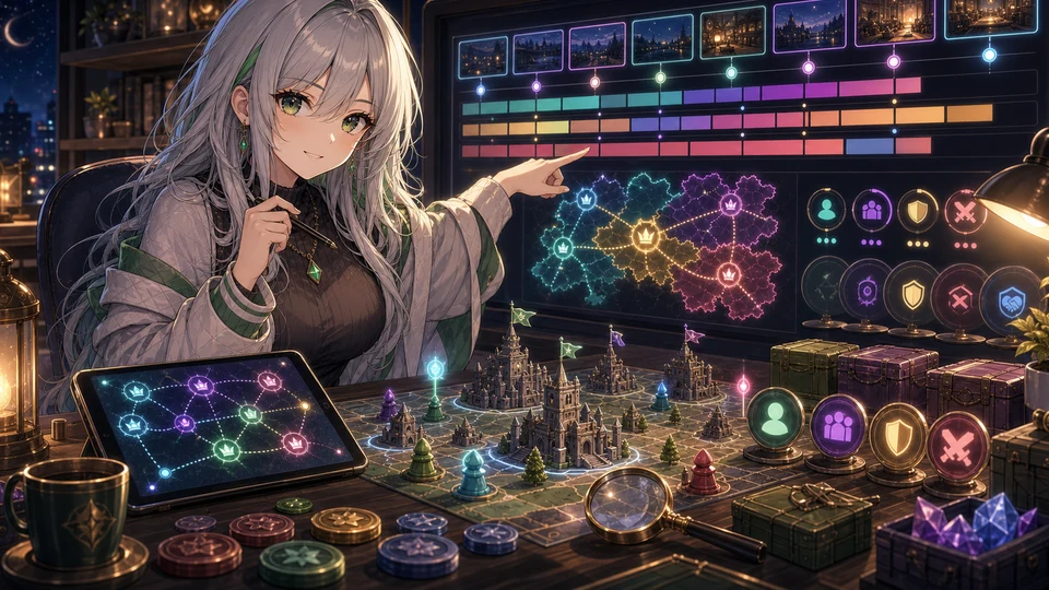 夜の編集デスクで淡い髪の人物が抽象タイムラインと作戦マップを見比べるイメージ