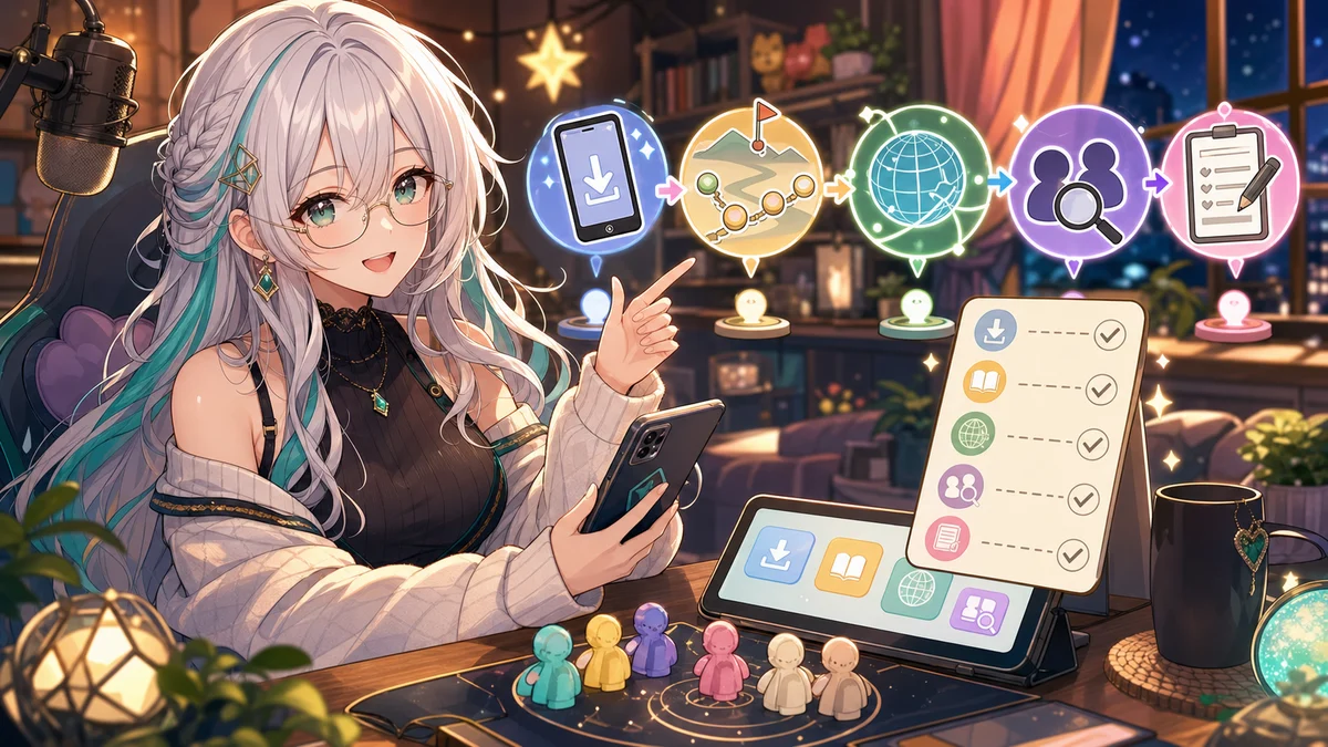 明るい配信部屋でスマホと作戦メモを見ながら参加手順を案内する人物のイメージ