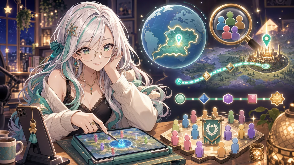 ゲームの抽象UIを見ながらサーバー移動と同盟検索を確認する人物のイメージ