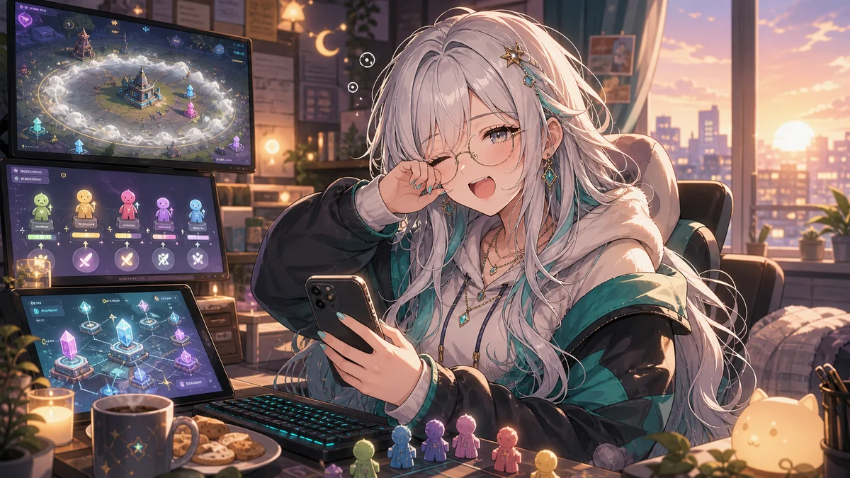 夜明け前の配信部屋でスマホゲームの戦闘と育成に集中する人物のイメージ