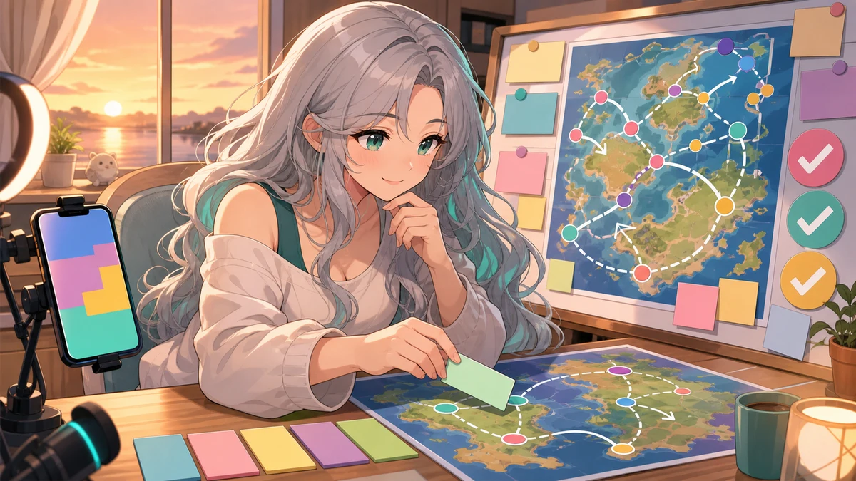 朝の配信机で資料リンクとゲームマップを並べて確認する人物のイメージ