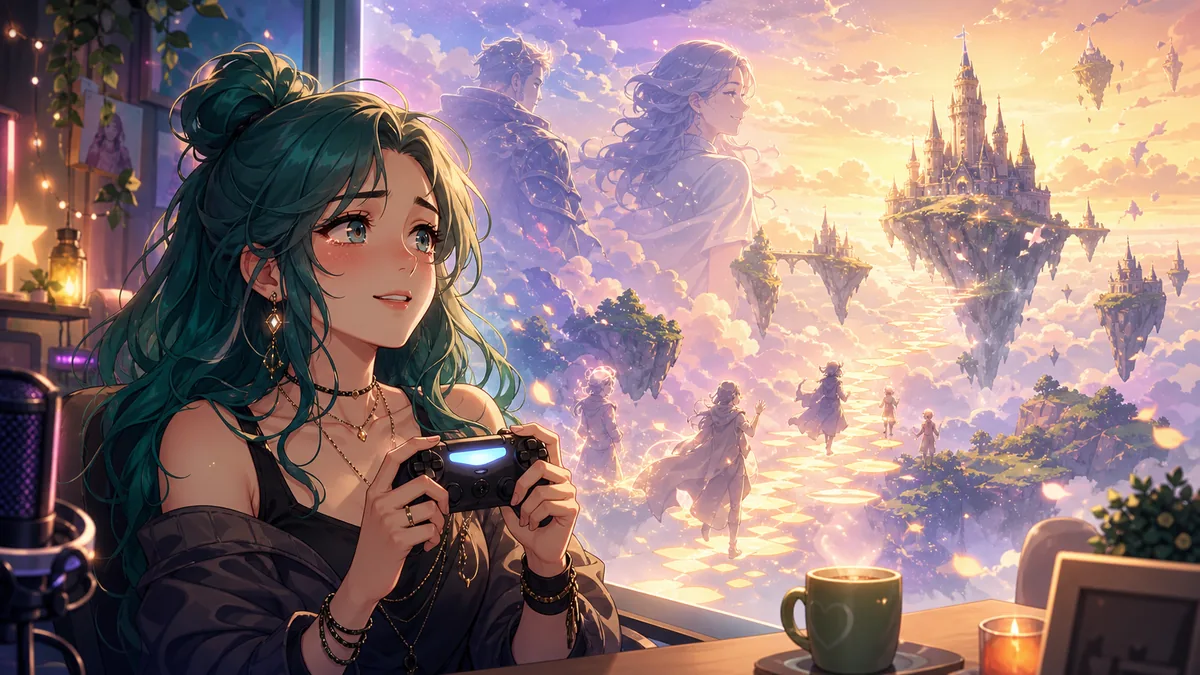 夢の世界のエンディングを見つめる配信者のイラスト