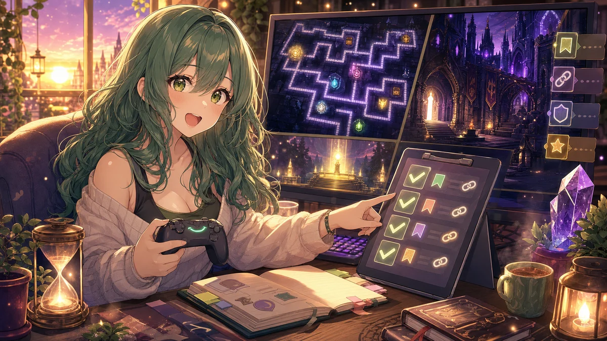 配信机で緑髪の人物が迷宮図と確認用タブレットを見比べるイメージ